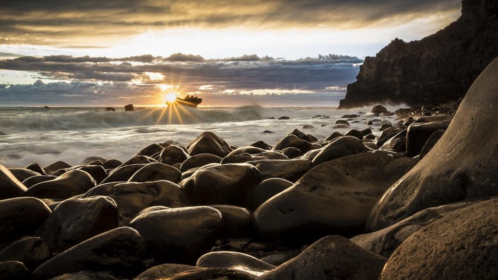 rocks, beach, nature, sea, ocean, sun, sunset, dusk, twilight, horizon, clouds, sky, boulders, rocky beach, stones, rocky shore, shore, seashore, coast, rocky coast, waves, ocean waves, seascape, new zealand, sunrise, landscape, pebbles